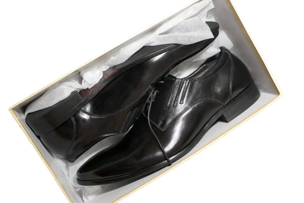 Par Zapatos Nuevos Cuero Negro Dentro Una Caja Aislada Blanco — Foto de Stock