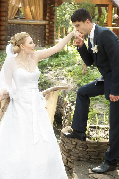 Stehender Bräutigam Küsst Hand Der Schönen Braut Freien Mit Selektivem — Stockfoto