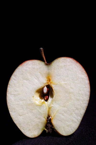 Cut Half Apple Pedicle Isolated Black — Stock Photo, Image