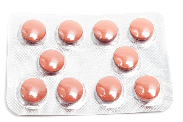 Closeup Silver Blister Ten Dark Red Medical Tablets — Stock Photo, Image