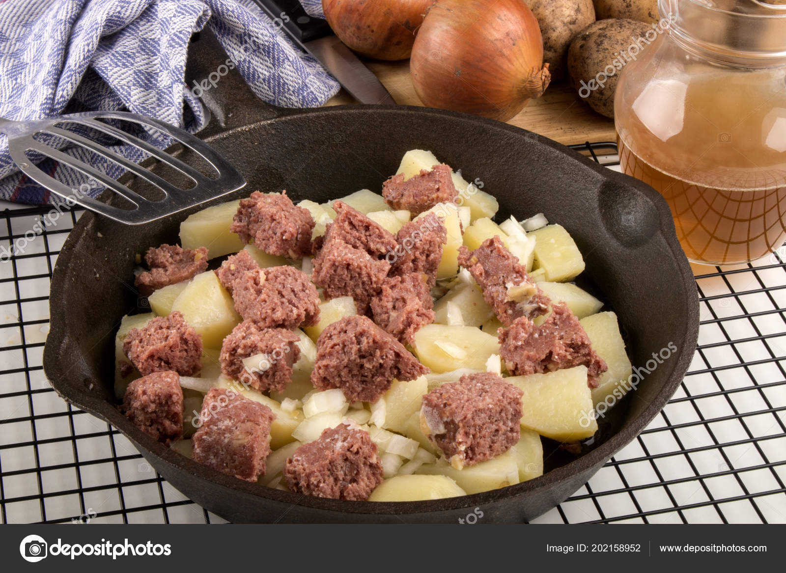 Very Irish Meal Raw Corned Beef Hash Cast Iron Pan Stock Photo by