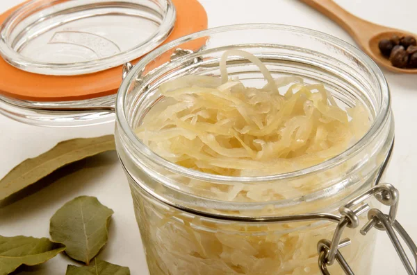 Sauerkraut Glass Jar Bayleaf Spoon Juniper Berries — Stock Photo, Image