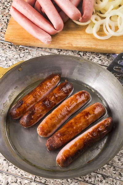 Home Made British Sausages Oil Brass Pan — Stock Photo, Image