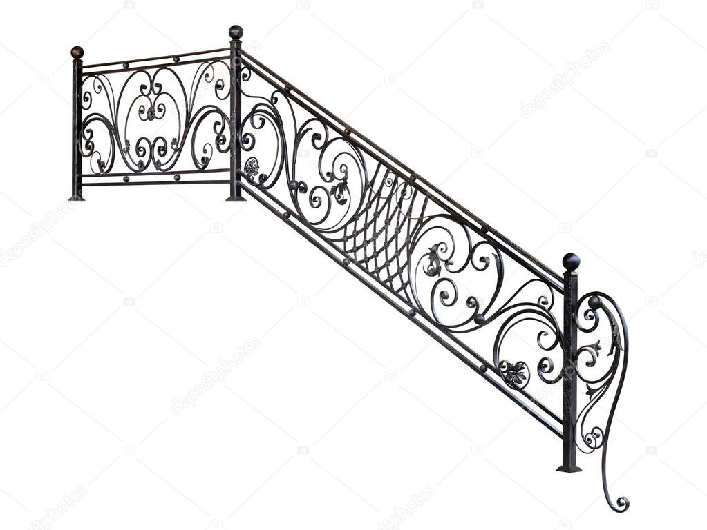 Modern metal railing staircase steps. Isolated over white background.