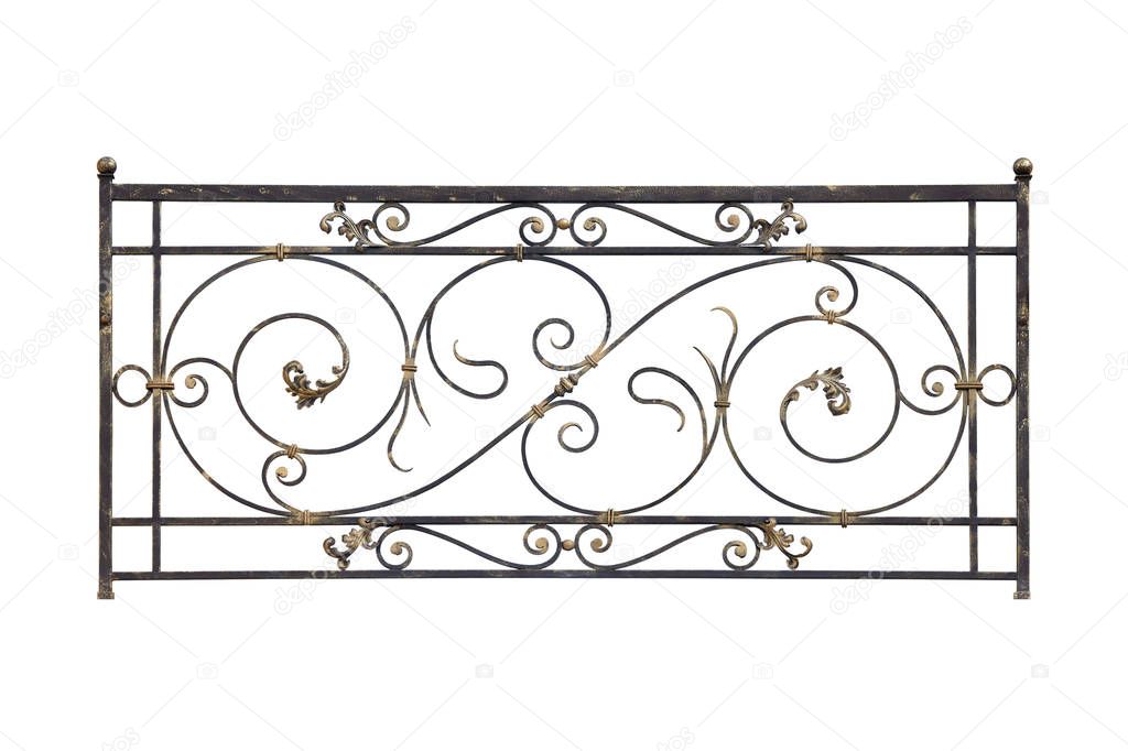 Decorative, forged fence, railing  in old style. Isolated over white background.