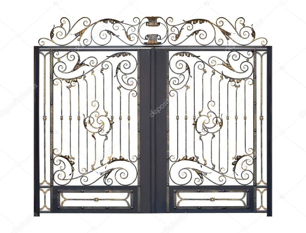 Forged openwork arched gate with decor.  Isolated over white background.