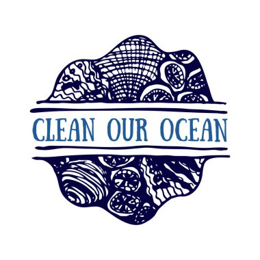 Ayrıntılı el logo çekilmiş. Dünya Okyanus günü, derin mavi okyanus