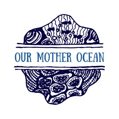 Ayrıntılı el logo çekilmiş. Dünya Okyanus günü, derin mavi okyanus