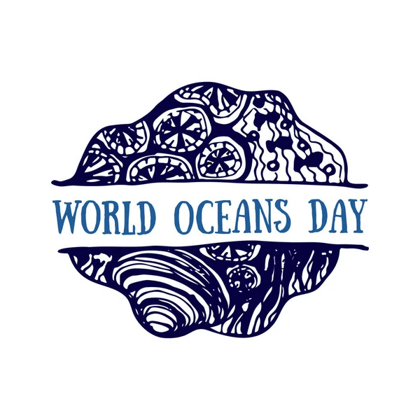 Logotipo dibujado a mano detallado. Día mundial de los océanos, verano, océano azul profundo — Vector de stock