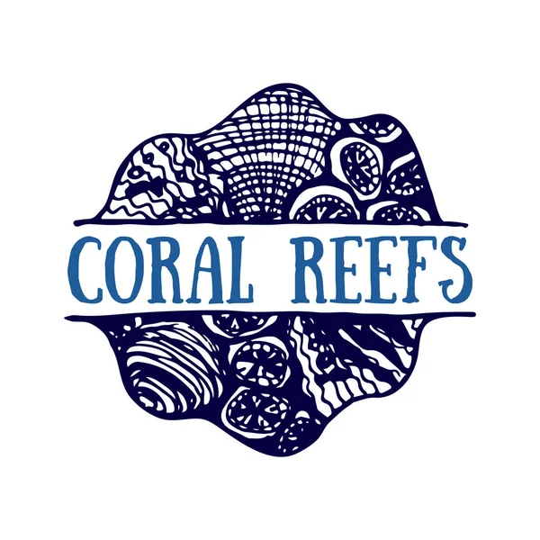 Logotipo desenhado à mão detalhado. Dia mundial dos oceanos, oceano azul profundo — Vetor de Stock
