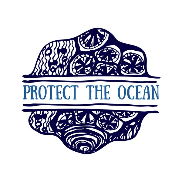 Ayrıntılı el logo çekilmiş. Dünya Okyanus günü, derin mavi okyanus — Stok Vektör