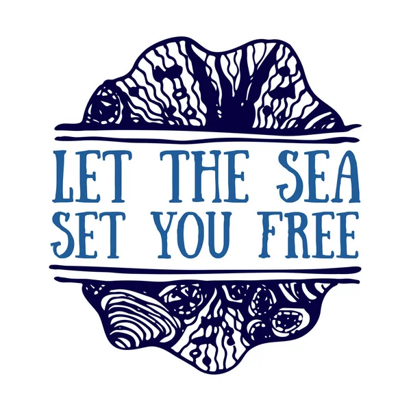 Подробный логотип, нарисованный рукой. Всемирный день океанов, лето, глубокий синий океан — стоковый вектор