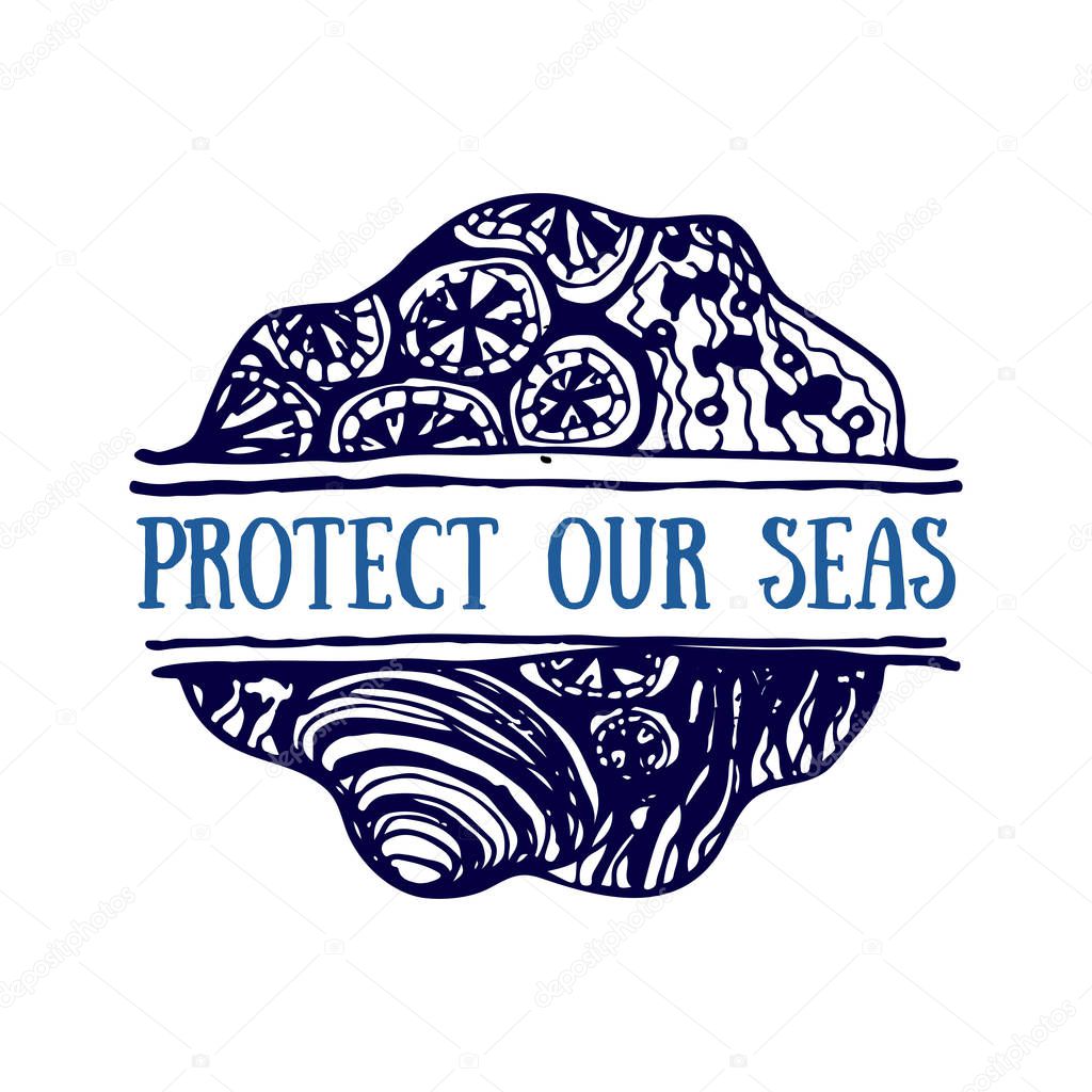 Detailed hand drawn logo. World oceans day, Deep blue ocean