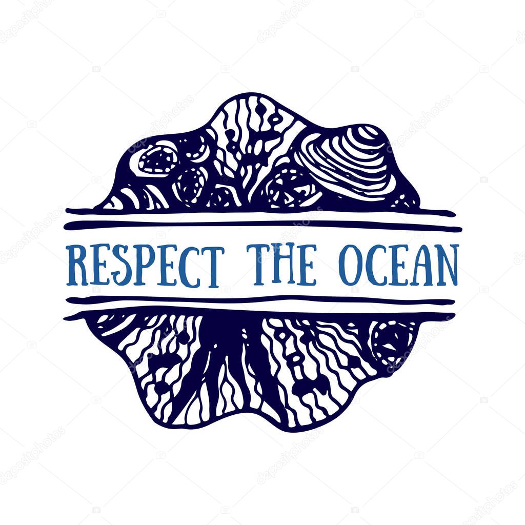 Detailed hand drawn logo. World oceans day, Deep blue ocean
