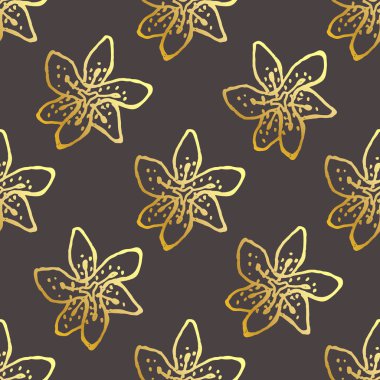 Siyah Arka Plan Üzerinde Elle Çizilmiş Zambaklar ile Dikişsiz Desen