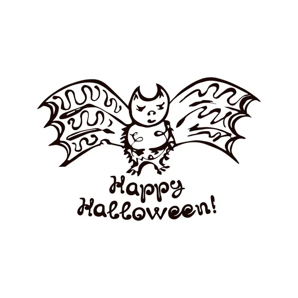 Halloween Hand Drawn Bat with Phrase Isolated on White Background — Stock Vector