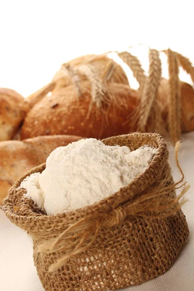 Close Flour Bag Different Types Bread Isolate — Stock Photo, Image