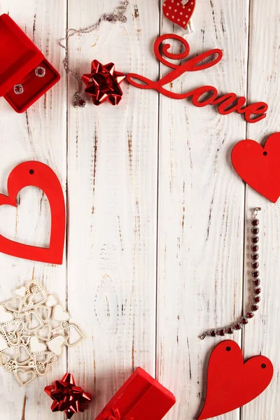 Flatlay Para Uma Declaração Amor Placas Brancas Com Corações Vermelhos — Fotografia de Stock