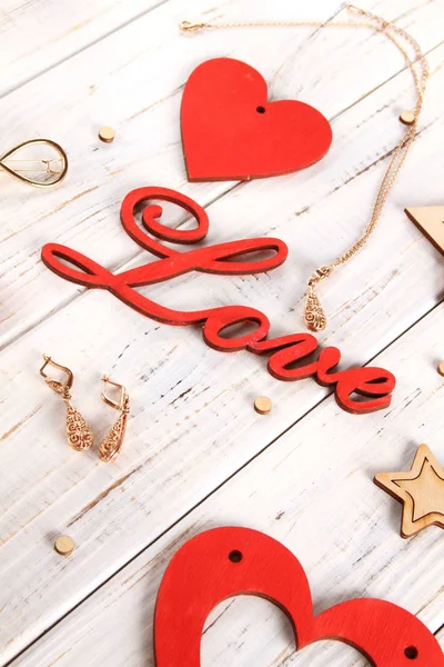 Flatlay Declaration Love White Boards Red Hearts Text Love Gifts — Stock Photo, Image