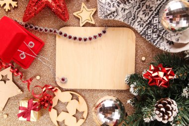 Flatlay arka plan için değerli süslemeleri ile yeni yıl. Kartpostal