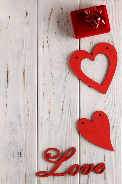 Wooden Letters Love Red Hearts White Wooden Background Background Postcard — Stock Photo, Image