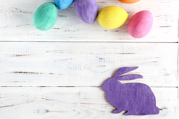 Easter Bunny Colored Eggs Wooden Lilouet Background — Stock Photo, Image