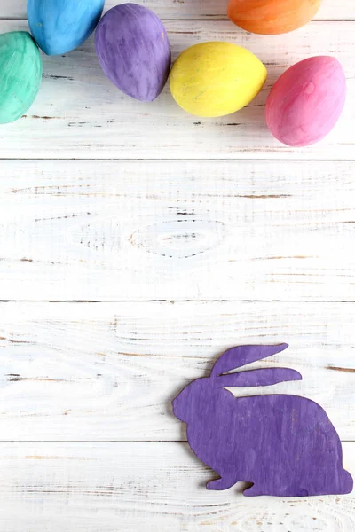 Easter Bunny Colored Eggs Wooden Lilouet Background — Stock Photo, Image