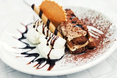 Geleneksel kahve aromalı İtalyan tatlı - tiramisu (seçici odak)