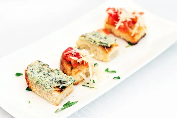 Vegetable Cheese Bruschetti Appetizers Selective Focus — Stock Photo, Image