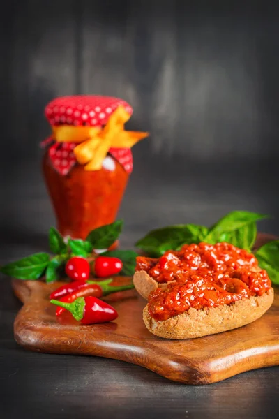 Traditional Balkan Pepper Spread Ajvar Served Rustic Wooden Cutting Board — Stock Photo, Image