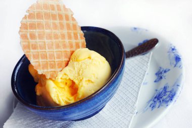 Naxian vanilyalı dondurma bir gofretle servis edilir (seçici odak)