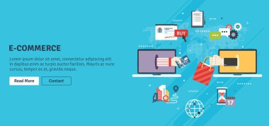 Online Alışveriş Mağazası ve e-ticaret. Satın al, satış, ödeme ve teslimat ürün. E-ticaret, online alışveriş, kredi kartı, dizüstü bilgisayar, destek ve teslimat simgeler. Düz tasarlamak vektör.