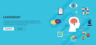 Liderlik, vizyon ve strateji, güven iş ve başarı. Ekip çalışması ve ortaklık, iş ve uzmanlık. Internet banner kavramı mavi arka planda düz tasarlamak vektör.