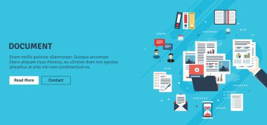 Finans belgeleri, veri dosyası, video ve fotoğraf içeren dizin. Veri tablolarını analiz eden eller. Anlaşma imzası. Düz tasarım vektör illüstrasyonunda iş belgeleri organizasyonu kavramı.