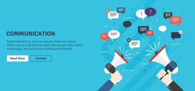 Bir megafon holding eller. Önceden haber vermeksizin ve duyuru, promosyon ürün, hizmet veya olay ve ileti simgeleri ve yorumlar. Düz tasarım vektör iş illüstrasyon kavramı.