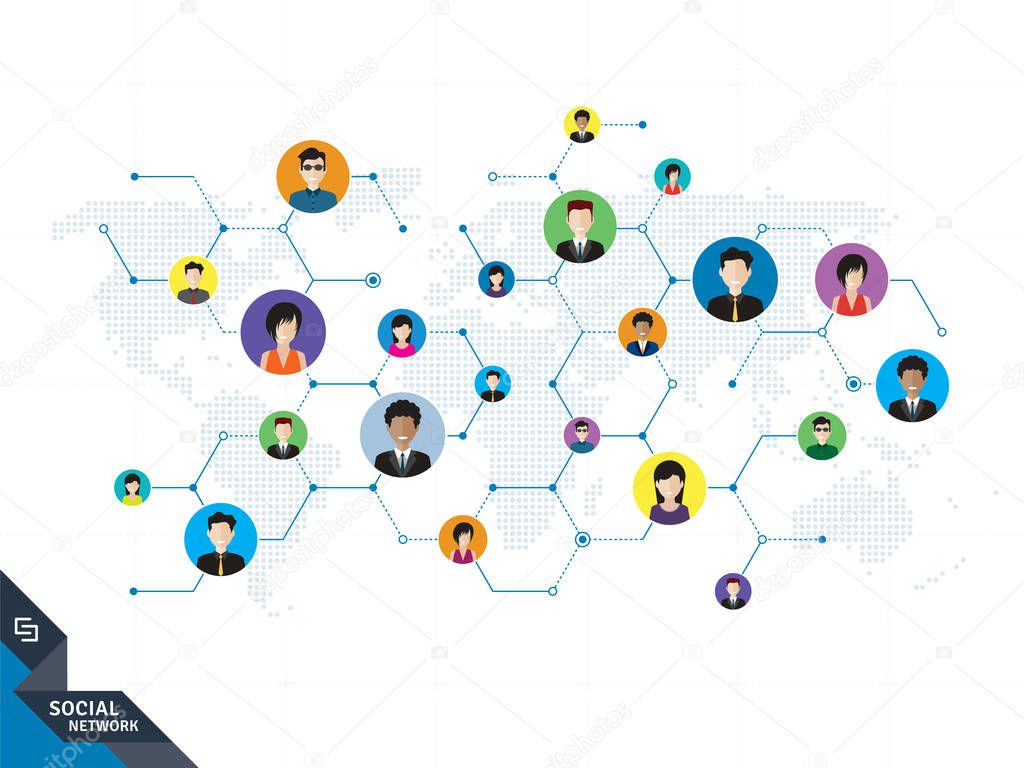 People connected by social media or social networks. Concept of communication, business, globalization. People icons, world map, hexagon design with lines in white technology background.