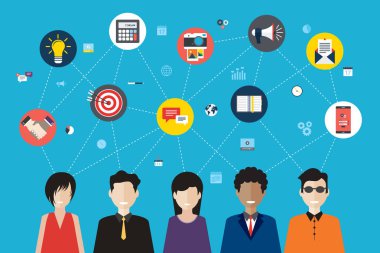 Web afişi ve bilgi için sosyal ağ ve takım çalışması kavramı. Hesap makinesi, megafon, e-posta, hedef, akıllı telefon, program, el sıkışma, lamba ve kamera. Düz tasarım vektör çizimi
