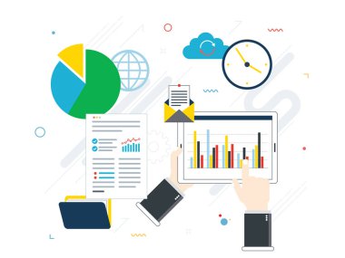 Finansal yatırım için düz tasarım vektör illüstrasyon konsepti, büyüme raporlu analitik. Güvenlik ve bulut verileri. Borsadaki kazanımların hesapları ve grafikleri ve gerçek para kazançları. Başarılı bir iş..