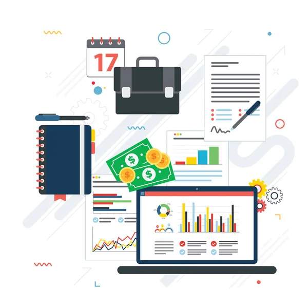 Report Investment Data Graphs Growth Laptop Screen Businessman Hand Calendar — Stock Vector