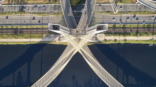 Aerial view of  cable-stayed bridge at Sao Paulo city. Brazil. Aerial view of Marginal Pinheiros, Pinheiros river in Sao Paulo city. Estaiada bridge in Sao Paulo city.