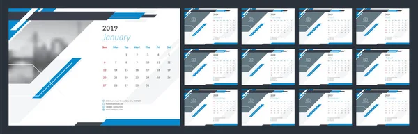 2019 のカレンダー デザイン 週の開始日 カレンダー ページ ベクター デザイン写真や会社のロゴのための場所を持つ印刷テンプレートのセット 白い背景を持つデスク カレンダー — ストックベクタ