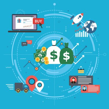 Küresel ekonomi, iş başarı grafiği ve ticaret. Para ve başarı başlangıç. Finans, iş, başlangıç ve e-ticaret simgeler, grafik ve veri. Düz tasarlamak vektör.