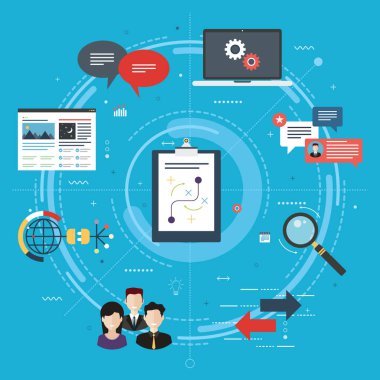 Pazarlama stratejisi, reklam ve iş. Takım çalışması, iletişim ve iş ikonları/simgeleri. Pazarlama stratejisi ve Internet banner kavramı düz tasarlamak vektör simgeleri ile reklam.