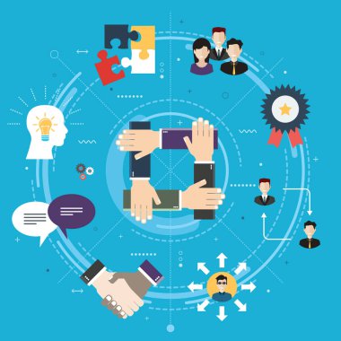 İşbirliği ve ortak çalışma. Takım çalışması iş stratejisinde. Anlaşması, takım çalışması ve işbirliği içinde iş. Internet Web sitesi banner kavramı ile düz tasarlamak vektör simgeleri.