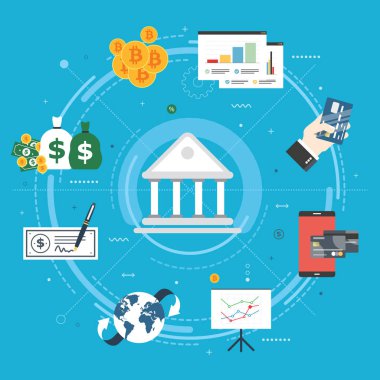 Bankacılık ve finans, ekonomi, yatırım ve ödeme. Online ödeme, kredi kartı, Çek, bitcoin veya cryptocurrency. Internet banner kavramı mavi arka planda düz tasarlamak vektör.