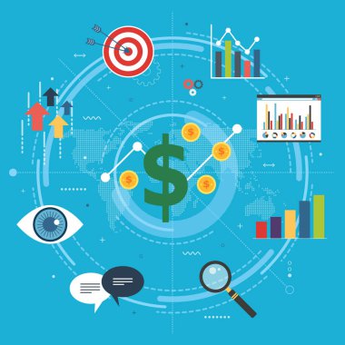 Büyüme grafiği, başlangıç başarı ve para kar. İş, büyüme, grafik ve finans simgeler. Mavi arka plan düz tasarlamak vektör başlangıç ve başarı büyüme Internet banner kavramı.