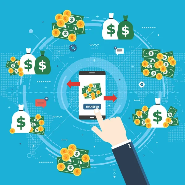 Banki Átutalás Pénzügyi Tranzakciók Pénz Üzletember Kézzel Smartphone Bank App — Stock Vector