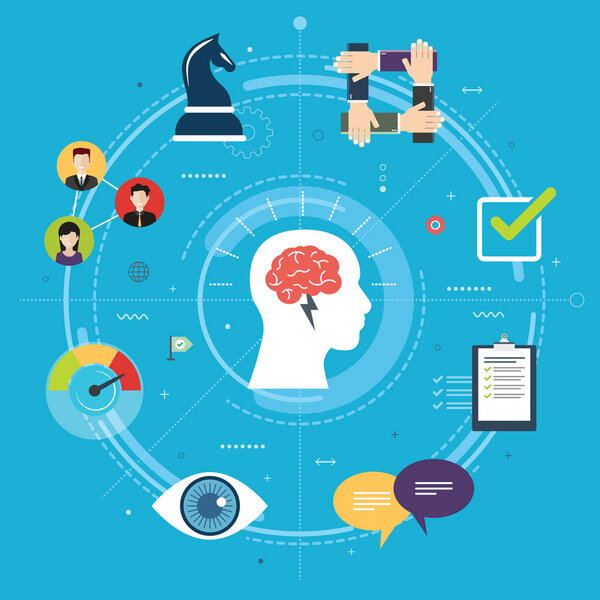 Leadership, vision and strategy, confidence in business and in sucess. Teamwork and partnership, business and expertise.Internet banner concept in flat design vector illustration in blue background.