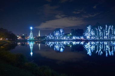 Noel ağacı ve ışıklı ağaçlarda Ibirapuera Park Aralık ayında gece şehirde Sao Paulo, Brezilya.