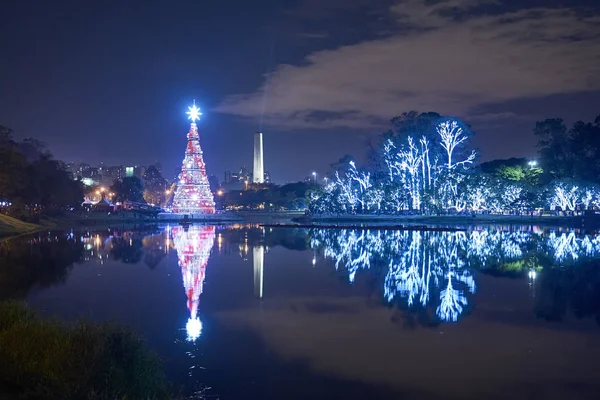 クリスマス ツリーとブラジル サンパウロ市に 月の夜 イビラプエラ公園内照明の木々 — ストック写真